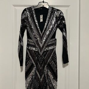 Express Black and Silver V-Neck Bodycon Dress